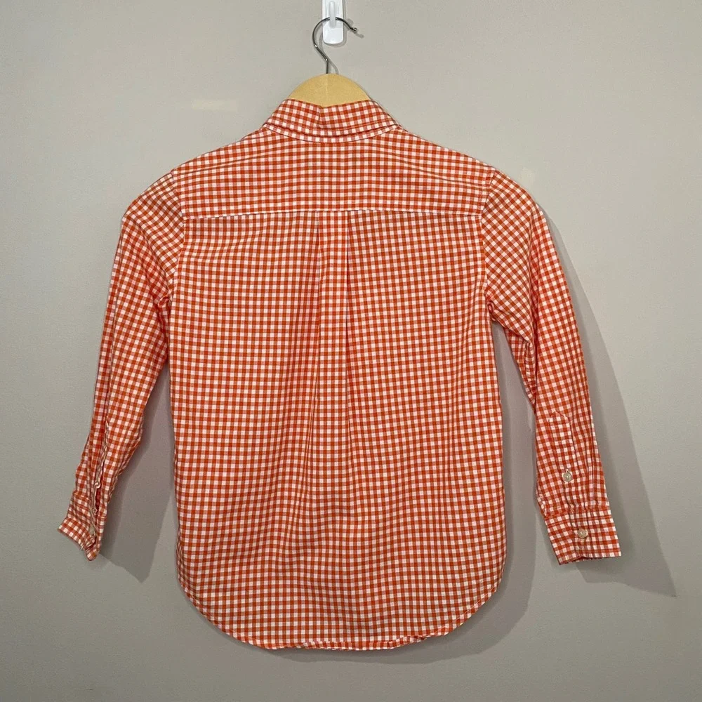 Ralph Lauren Boys Orange Gingham Check Button Down Shirt Size 6 Long Sleeve Pony